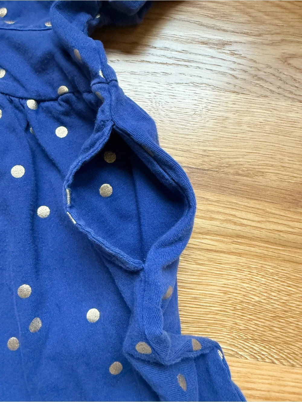 MiniBoden Girls' Blue dress with gold Polka Dot dress (size 5-6 years)